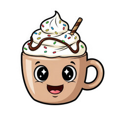 Cute kawaii coffee cup with whipped cream and sprinkles transparent background
