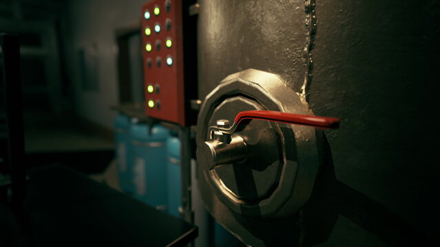 A close up view of a metallic valve with a red lever located in a dark industrial area. The surrounding features various machinery and illuminated buttons, creating a high tech atmosphere.