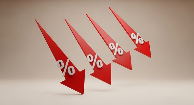 Four red downward pointing arrows with percentage symbols indicating financial decline