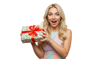 Surprised Woman Holding Gift Box with Red Ribbon on White Background