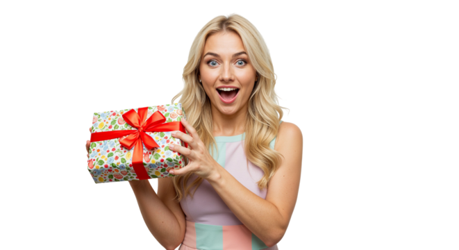 Surprised Woman Holding Gift Box with Red Ribbon on White Background