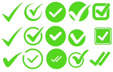 Green check mark icon set – modern flat vector tick symbols for approval, success, and eco-friendly design