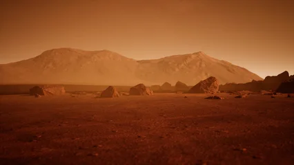Selbstklebende Fototapeten Rot Lila Barren terrain stretches across the surface of Mars, with rugged mountains rising in the background. Rocks dot the dusty ground as the orange light of twilight casts shadows across the landscape.  © icetray
