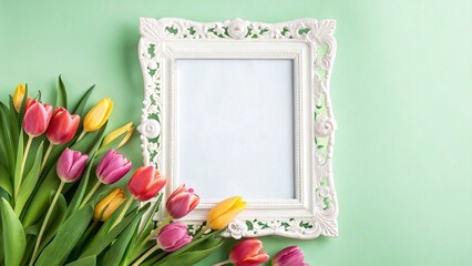 Ornate white picture frame mockup surrounded by vibrant tulips on a mint green background.