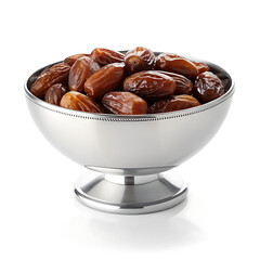 A silver bowl filled with many brown dates sitting on a white surface in a studio setting close up view