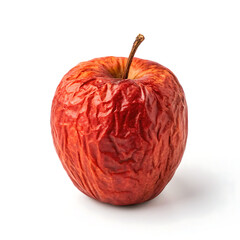 A single red apple with wrinkled skin and a brown stem isolated on a plain white background studio shot
