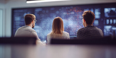 A group of three individuals observes a large digital display filled with data and graphics, suggesting a collaborative work environment focused on analysis.