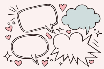 A cute, hand-drawn illustration featuring a collection of empty speech and thought bubbles against a soft pink background.
