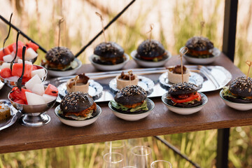 Gourmet Black Burger Skewers Catering Presentation. Delicious Mini Food, Outdoor Event, Silver Platters, Red Watermelon, Rustic Wood Table, Appetizers