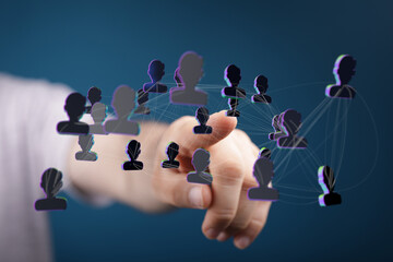 Hand pointing at network of digital people icons, representing social connection, communication and global concepts