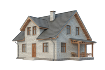 A charming two-story house with light brick walls, dark gray tiled roof, wooden windows, and a welcoming front porch. Isolated image. background removed