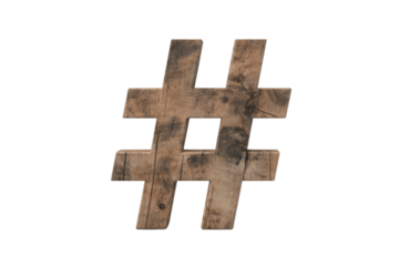 A rustic wooden hashtag symbol with natural grain and texture, standing out against a solid, isolated transparent background. background removed