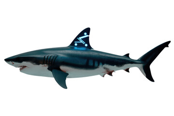 Obraz premium A realistic shark featuring a glowing blue, futuristic symbol on its dorsal fin, standing out against a plain background. background removed