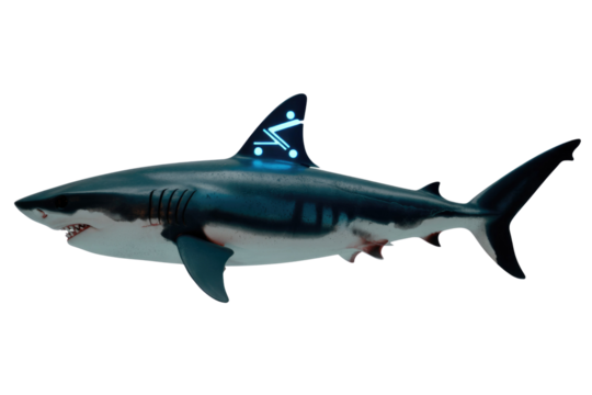 A realistic shark featuring a glowing blue, futuristic symbol on its dorsal fin, standing out against a plain background. background removed
