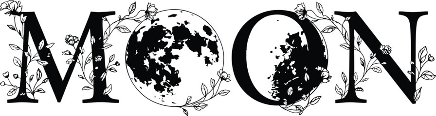 Elegant moon text art with floral vines and realistic moon phases against a light background