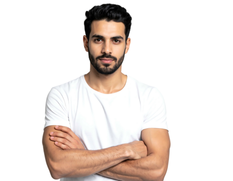 Attractive man with crossed arms, looking forward, against a black background. Clean-shaven, dark hair. Confident stance
