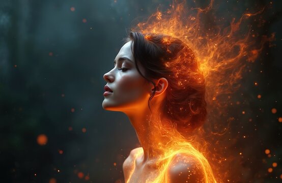 Mystical woman engulfed in vivid orange flames. Hair, skin glow with bright sparks. Radiates powerful energy, showing deep inner strength, spiritual power, magical. Striking fantasy portrait features