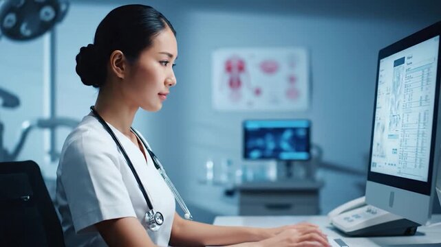 Asian medical professional at a desk with computer, looking at screen, working with data