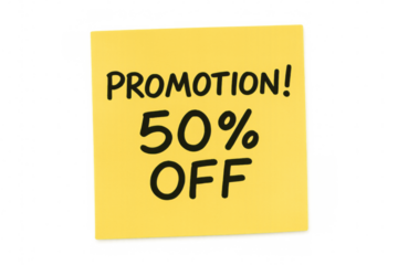 Yellow sticky note highlighting a promotion for 50% off, illustrating concepts of discount, sale, and advertising with transparent background
