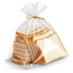 A close up of a loaf of sliced bread in a clear plastic bag tied with a brown twine on a white surface