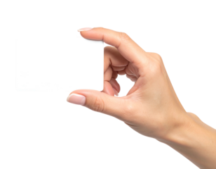 Fair-skinned hand holding a blank white rounded-corner card, isolated against a transparent black background