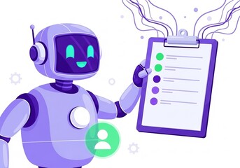 Friendly robot character holding a clipboard with a checklist and user icon symbolizing task management