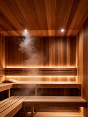 Fototapeta premium Warm and Inviting Modern Wooden Sauna Interior with Steam