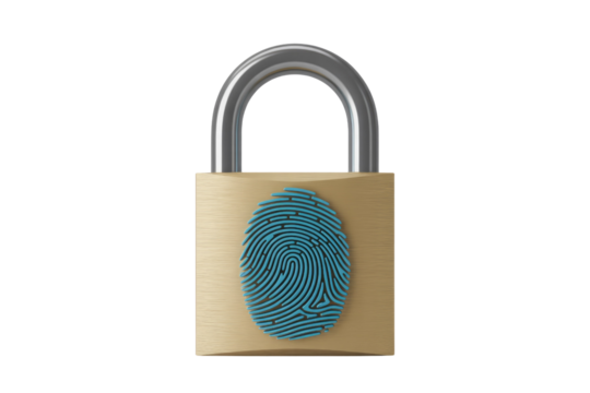 A golden padlock features a vibrant blue fingerprint for biometric security, symbolizing modern data protection and access control. Secure your digital assets. background removed - Powered by Adobe