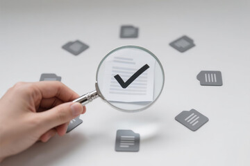 A hand holding a silver metal magnifying glass over a document with a black checkmark, surrounded by six identical gray document icons on a clean white background,