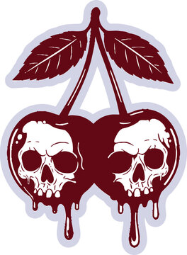 Two dripping red cherries with skull faces and black leaves on a light background