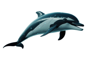 A futuristic cybernetic dolphin, sleek and metallic, with glowing blue lights, swimming elegantly. A captivating blend of nature and advanced technology. background removed