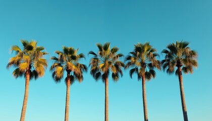 Five tall palm trees stand against cloudless blue sky. Tropical plants on sunny day. Natural landscape with vibrant colors. Summer vacation concept. Travel destination. Nature background photo.