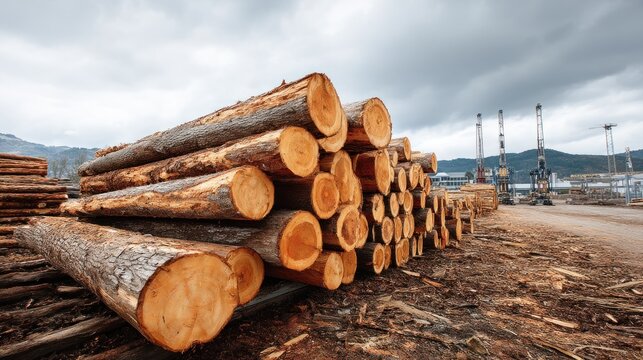 Stacked logs at a lumberyard