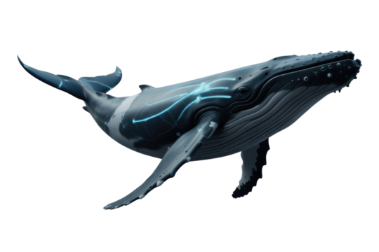 A magnificent humpback whale rendered with futuristic glowing blue circuitry, blending marine life with advanced technology. background removed - Powered by Adobe