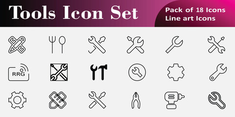 Fototapeta premium Versatile editable Tools Icon Set, Modern Repair and Construction Pack including wrenches, hammers, gears, pliers, a drill, and a spanner, suitable for industrial and DIY themes