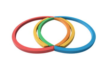 A 3D render of four colorful, interlocked semi-circular shapes creating an endless loop or knot, symbolizing connection and unity. background removed