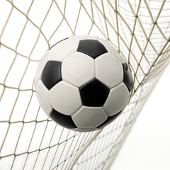 A soccer ball with black and white panels caught in a net against a plain white background studio shot