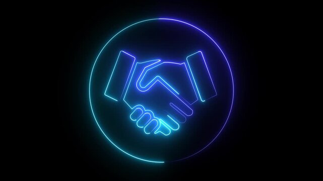 Handshake symbol concept . Animation of shaking hands red color icon in outline design, animated on a black background. Blue color Glowing Neon Handshake Agreement Icon