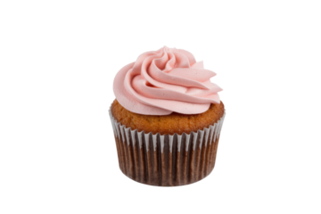 A delicious vanilla cupcake topped with a generous swirl of delicate pink frosting, baked in a patterned liner, isolated on a solid background. background removed