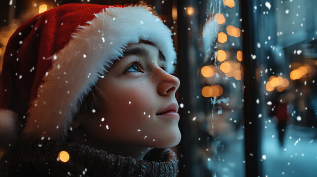 Young woman wearing Santa hat and holding shopping bags is enjoying Christmas shopping in front of a decorated showcase with falling snow and beautiful bokeh lights