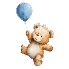 Adorable Illustration of a Baby Bear Flying with a Balloon in a Watercolor Style for Whimsical Art Lovers