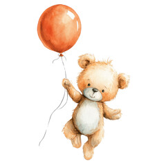 Adorable Illustration of a Baby Bear Flying with a Balloon in a Watercolor Style Perfect for Kids' Decor and Storybooks