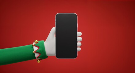 3D elf's arm in green suit showing a phone with blank screen