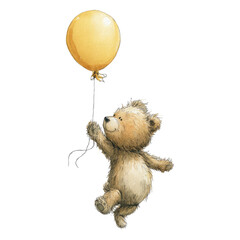 Charming Watercolor Illustration of a Baby Bear Flying with a Balloon in a Delightful Scene
