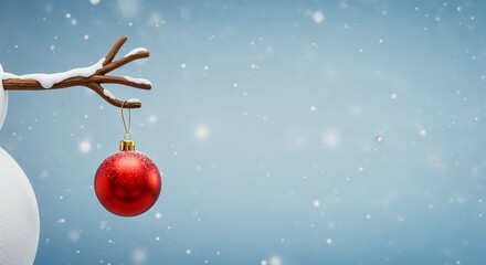 Snowman's branch arm holds a frosty red ornament under gentle snowfall