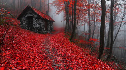 Foggy forest path covered in red leaves near stone cabin Generative AI