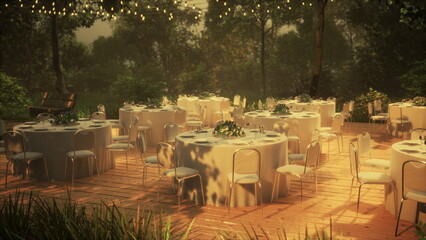 Tables dressed with white linens sit under softly glowing lights, creating a magical atmosphere for an evening gathering in the lush greenery. The enchanting scene invites celebration and joy.