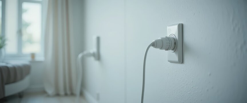 Electrical outlets and plugs on a textured wall with a window and curtains in the background