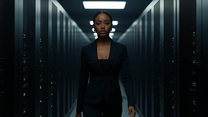 A confident businesswoman walks through a modern data center with advanced tech - Powered by Adobe