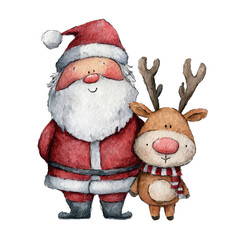 Cute Watercolor Illustration of a Father Christmas with Adorable Reindeer in Festive Holiday Theme